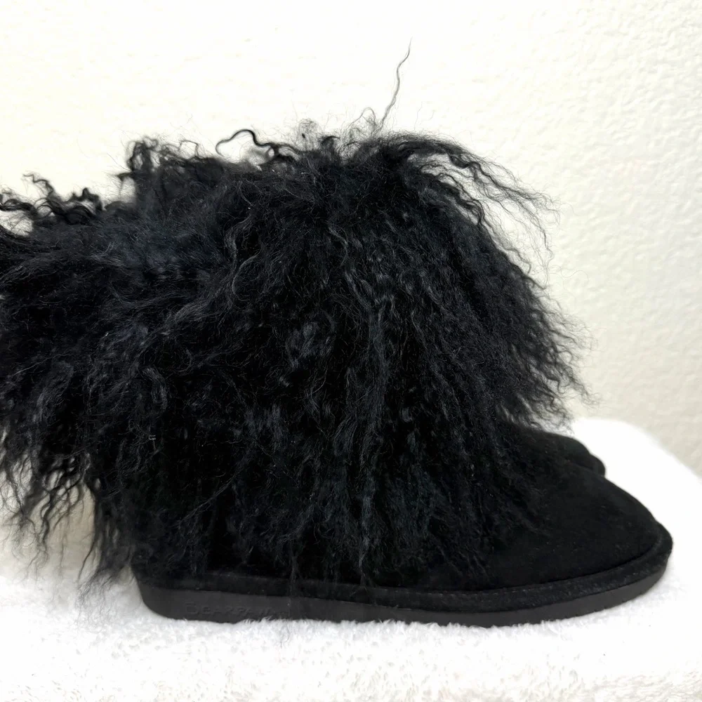 Bearpaw Boo Bootie Winter Boot Fuzzy Lamb Fur Cuff Suede Black Size 9